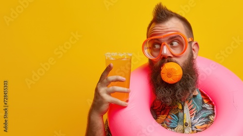 Portrait of a funny bearded man in scuba glasses drinking orange juice cocktail holding inflatable rubber ring isolated on yellow studio background.