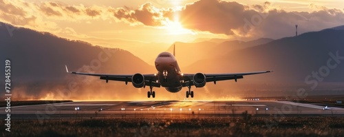 Start airplane taking off from the airport. Aircraft is landing at sunset © Ľudovt