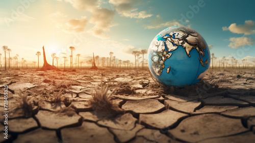 The globe disappears into the cracked barren land as the effects of global warming and extreme climate change. water soil environment concept