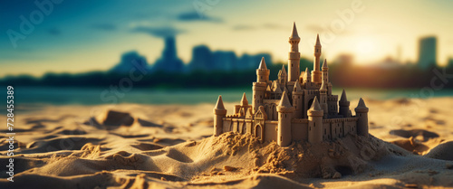 Grand intricate sandcastle on the beach during a summer day with a bluured city backdrop. Generative AI