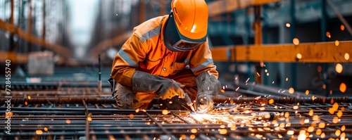 Workers is welding metal pole or net parts for base house. Welding detail theme