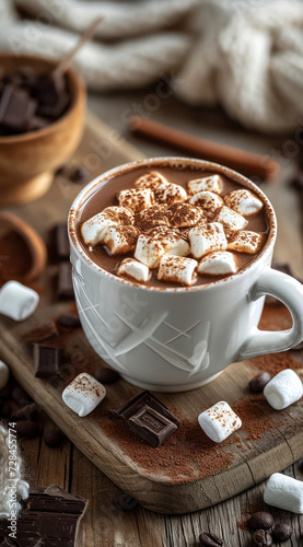 Delicious Hot Chocolate in a Cozy Brown Mug, with Melting Marshmallow and Cinnamon on a Rustic Table
