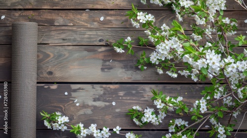 Sport background. Rolled yoga mat and blooming branches with white flowers on wooden floor. Top view
