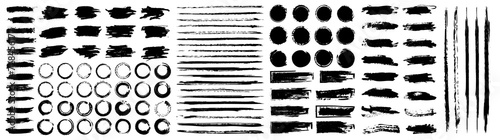 Brush stroke set. Black brushstrokes. Paint ink texture isolated on white background elements, line stain watercolor frame in japanese or chinese paintbrush style. Borders vector design