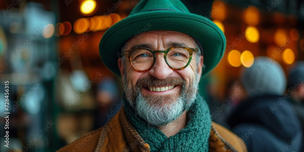 A cheerful, happy mature man with a green hat and knitted scarf celebrates St. Patrick's Day.