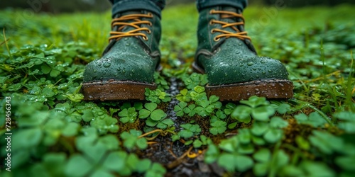 Leprechaun feet in green boots on a wet forest floor, celebrating nature and outdoor adventures. photo