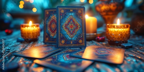 A mystical scene of divination with tarot cards and candles on a wooden table. photo