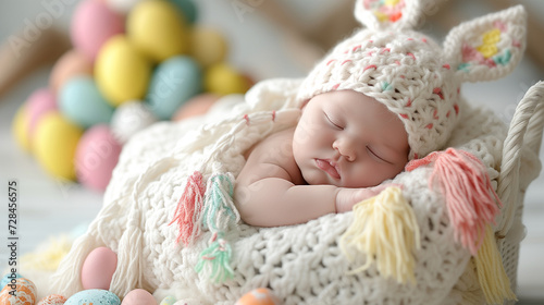 A peaceful newborn baby sleeps in a bunny hat, surrounded by colorful Easter eggs. 