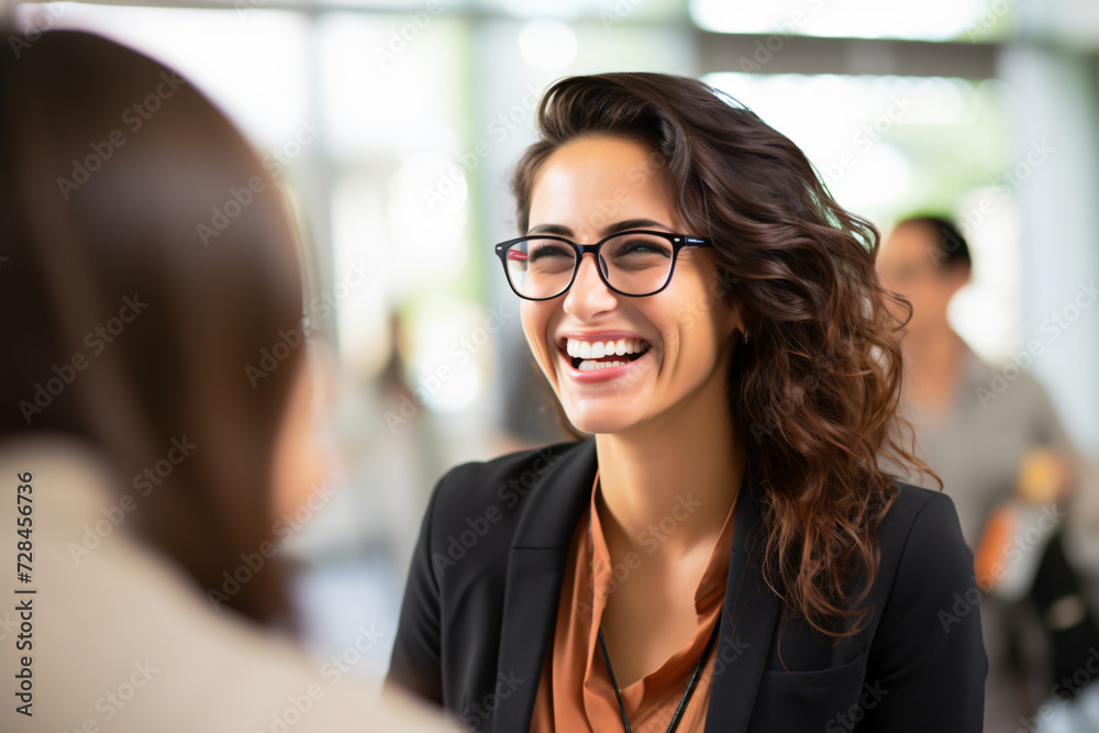 laughing woman having talks after meeting