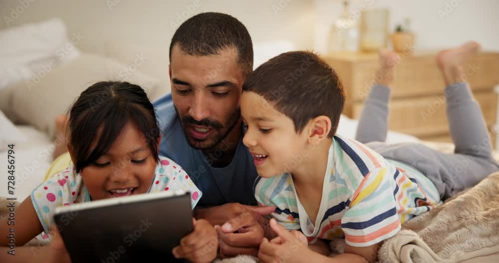 Tablet, relax and father with kids on a bed for gaming, bonding or streaming at home. Digital, app and happy family online with love in a bedroom for cartoon, ebook or learning with storytelling