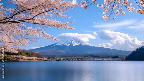 Mount Fuji landscape with Sakura blossom  Japan