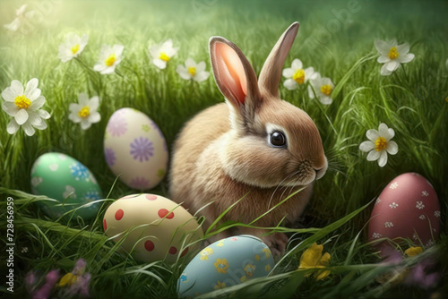 Lovely bunny easter fluffy rabbit sitting in grass. Adorable baby rabbit with Easter eggs on green garden nature background. Generative AI