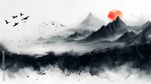 Obraz na płótnie A beautiful fantasy landscape on a white background. Mountains, trees, fog. Watercolor painting. Abstract intricate splashes of paint on a white background. Generative AI. w salonie