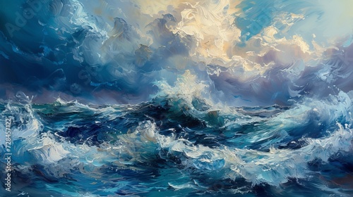 Stormy waves in the ocean, oil painting on canvas