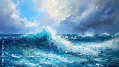 Stormy waves in the ocean, oil painting on canvas #728457125