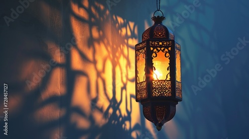 Illuminated Islamic lanterns with shadows and natural light. Moroccan lanterns. Glittering party garlands. Ramadan kareem, Eid Mubarak. Eastern holiday design