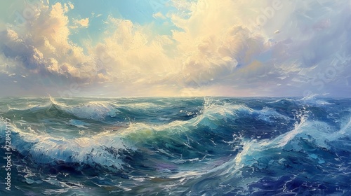 Stormy waves in the ocean, oil painting on canvas #728457177