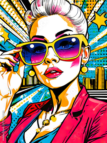 Colourful PopArt illustration of a girl wearing sunglasses, with a city skyline in the background.