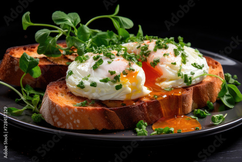 Bruschetta with poached egg on a black plate