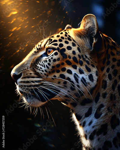 the profile of a leopard with sun in the background