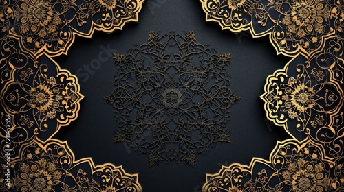 Exquisite gold Islamic patterns adorn a dark textured backdrop, exuding elegance. Islamic Arabic Arabesque Ornament Border Luxury Abstract black Background with Copy Space