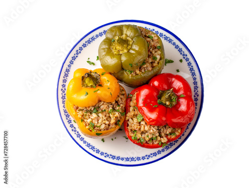 Obraz na płótnie Stuffed peppers made with colorful bell peppers. A delicious stuffed pepper with bulgur and meat. w salonie