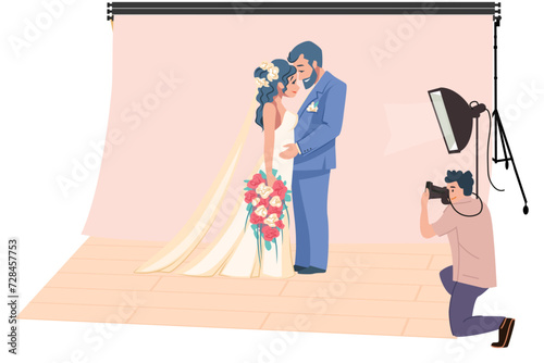 Family photo. Wedding shooting. Photography studio. Photographer making pictures of happy newlyweds. Romantic photoshoot. Professional equipment. Camera and light lamp. Vector concept