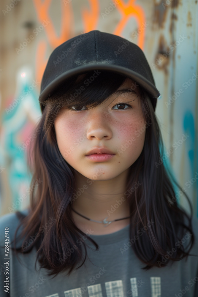 a young asian girl wearing a baseball hat a young asian girl wearing a baseball hat