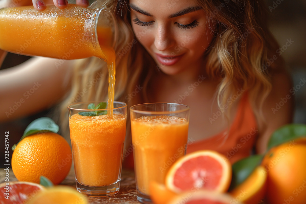 Woman pouring freshly squeezed orange juice into. Woman pouring freshly squeezed orange juice into.