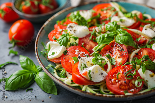 Zoodles Salad with Tomatoes and Buffalo Mozzarella.