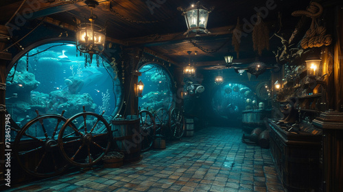 Embark on a journey through a nautical-themed haven, complete with weathered ship wheels, marine artifacts, and a custom aquarium wall teeming with exotic sea life.  photo