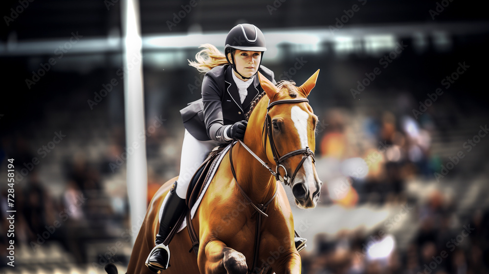 A rider rides a horse at an equestrian competition. - obrazy, fototapety, plakaty 