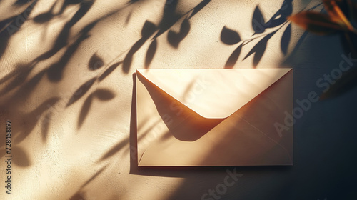 Modern postal aesthetic envelope on light background with shadows. Copy space. Invitation template. Generative AI