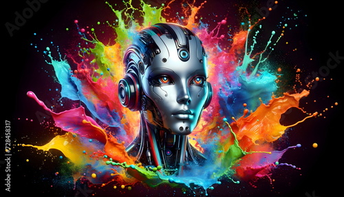 woman robot portrait with splashing colors