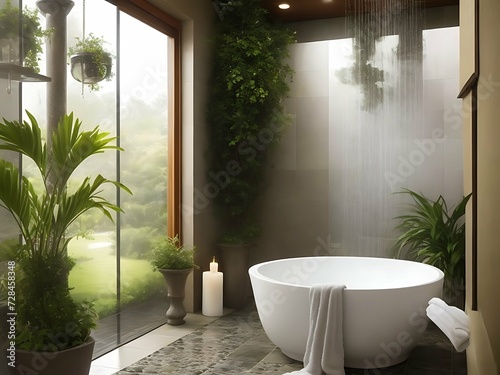Imagine a luxurious spa bathroom with a freestanding bathtub, rain shower, and natural stone tiles. Incorporate fluffy towels, scented candles, and potted plants to create a serene oasis for relaxatio photo