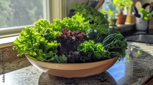 Bowl of leafy greens and ripe veggies on a sunny kitchen counter