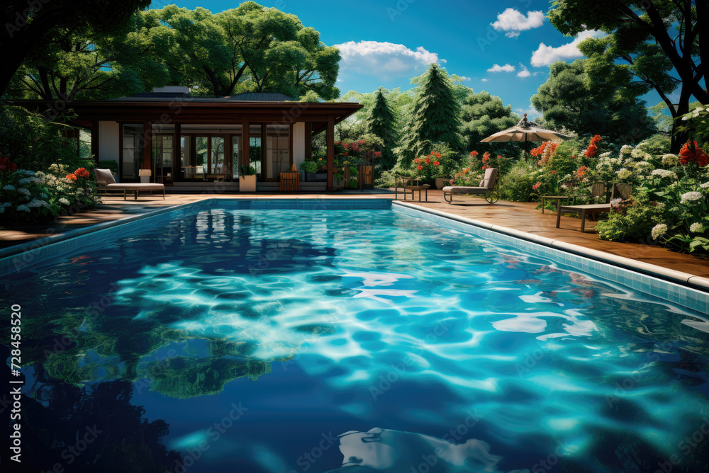 Outdoor swimming pool with clear water in the villa