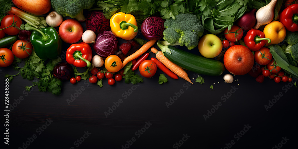 Fresh vegetables fruits eating fresh diet with cucumber red chilli healthy food salad dark background.