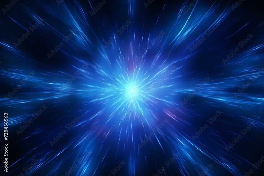 Blue abstract background with neon rays, flashes, faces, lines. Cosmic substrate. Generative AI