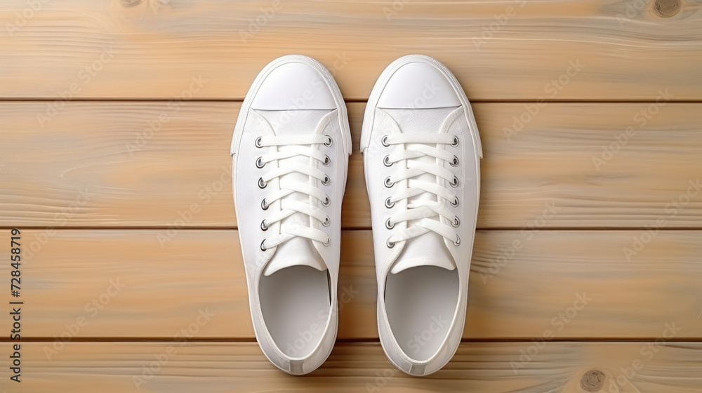 top view white shoes on wooden floor with copy space top view white shoes on wooden floor with copy space