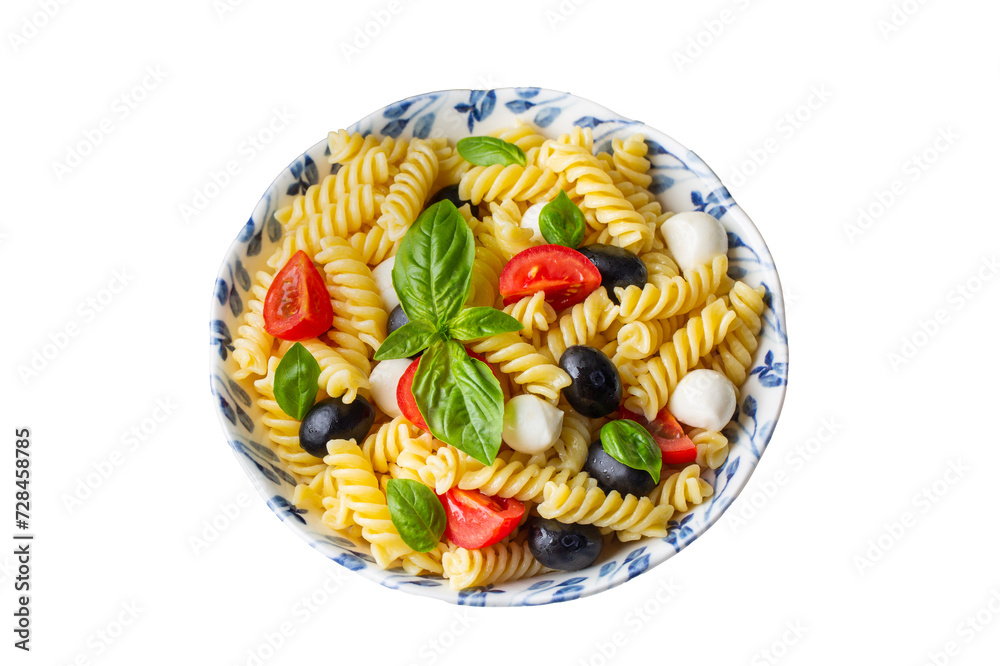 Italian cold pasta salad or Pasta fredda alla caprese. Directly above. Fusilli, tomato, mozzarella, olive, arugula. Turkish name; burgu makarna salatasi