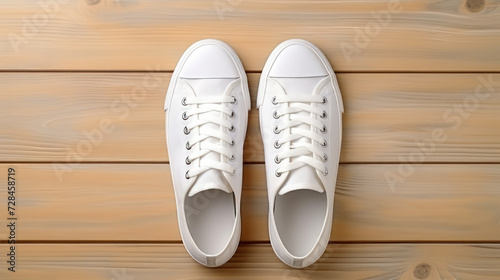 top view white shoes on wooden floor with copy space