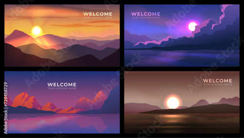 Game landscape. Aurora night sky. Scenic sunset. Geometry land scenery wallpaper with water and mountains. Wild forest. Horizon panorama. Travel in nature. Vector flat backgrounds set