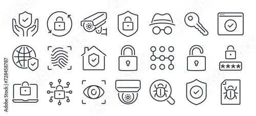 Safety, security and protection concept editable stroke outline icons set isolated on white background flat vector illustration. Pixel perfect. 64 x 64.