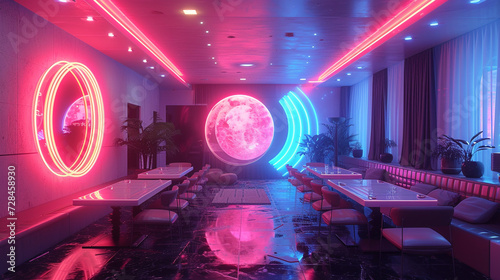 Enter a retro-futuristic dining room with space-age furniture, neon accents, and holographic tabletops, blending nostalgia with a visionary outlook. 
