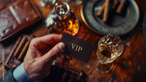 Man holds card with word VIP . View from the top on the gentleman's hand that holds exclusive VIP membership card next to the wooden table with whisky in carafe and glass with cigars