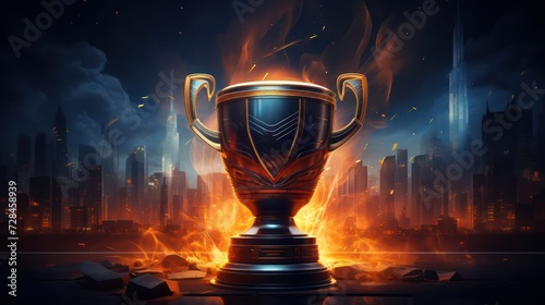 championship cup concept, featuring a dynamic composition of the trophy against a carefully chosen backdrop, highlighted by celebratory elements