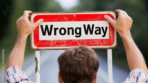 Lost man standing at crossroad with a wrong way sign indicating the path to avoid photo