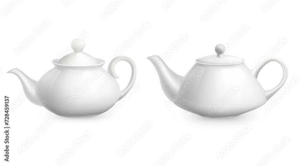 White teapot realistic. Porcelain for morning tea. Hot drink utensil, kitchen ceramic crockery. Restaurant and cafe tableware serving, kettles different shapes. Vector isolated 3d set White teapot realistic. Porcelain for morning tea. Hot drink utensil, kitchen ceramic crockery. Restaurant and cafe tableware serving, kettles different shapes. Vector isolated 3d set