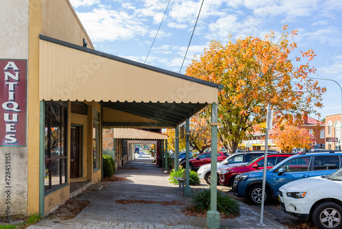 Cars in 45 degree parking spaces in front of antiques shopfront in Gunning, New South Wales photo